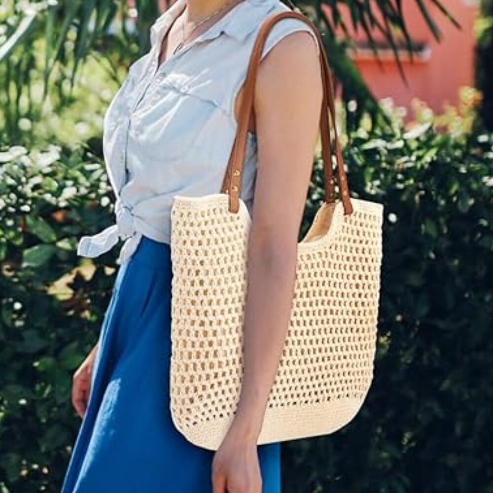 Neiman Marcus Beige Crochet Beach Bag